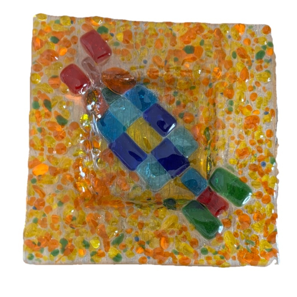 Fused Glass Multicolor Checker Accent Trinket Dish Artsy Whimsical